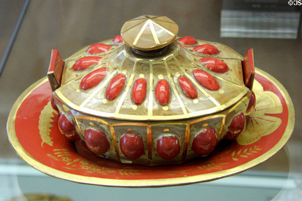 Red glass, marble & goldwork lidded box with under plate (c1830-40) from Bohemia at Coburg Castle. Coburg, Germany.
