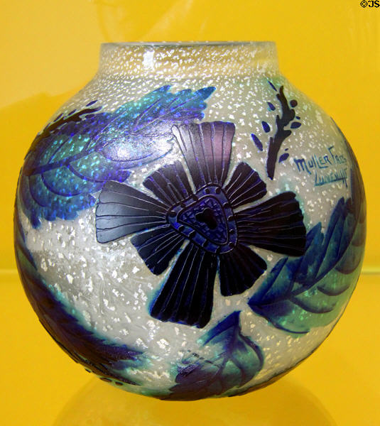 Glass ball vase with stylized flowers (1920s) by Muller Frères of France at Coburg Castle. Coburg, Germany.