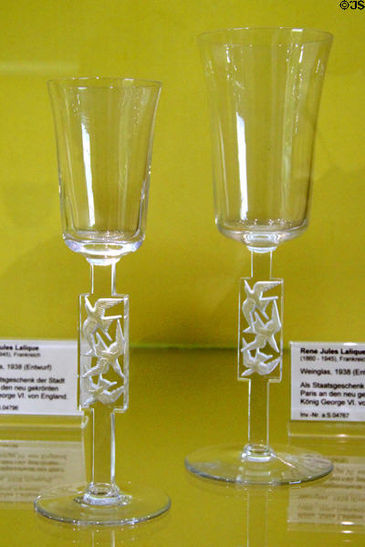 Wine glasses with doves etched in stems (c1938) by René Jules Lalique of France at Coburg Castle. Coburg, Germany.