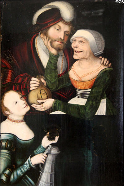 Unequal Couple (Old Woman in Love) painting (c1540) by Lucas Cranach the Elder or the Younger at Coburg Castle. Coburg, Germany.