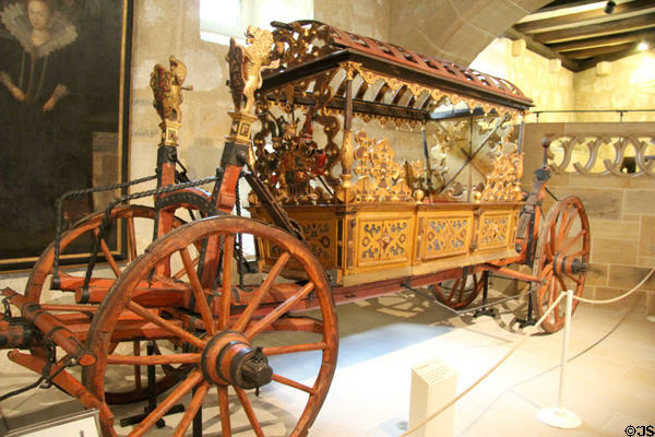 Processional wagon (c1560) used for second wedding (1599) between Duke Johann Casimir von Sachsen-Coburg & Margarethe von Braunschweig-Lüneburg at Coburg Castle. Coburg, Germany.