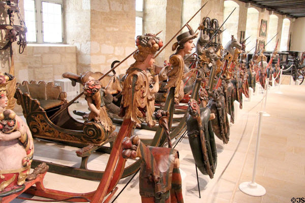 Collection of carved horse-drawn racing snow sleds or ladies carousels (17th & 18thC) at Coburg Castle. Coburg, Germany.