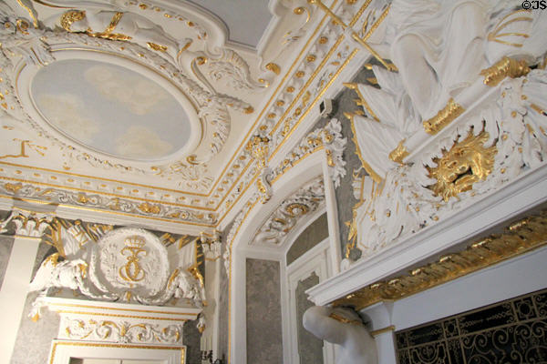 White Hall with stucco ceiling & fireplace detail (1691-2) by Giovanni Carcani or Girolarno Rossi at Ehrenburg Palace. Coburg, Germany.