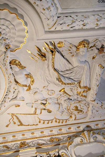 White Hall with stucco ceiling detail (1691-2) by Giovanni Carcani or Girolarno Rossi at Ehrenburg Palace. Coburg, Germany.