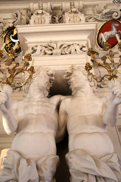 Atlas-like figures support Hall of Giants (1697-9) with stuccowork by Carlo Domenico & Bartolomeo Luchese at Ehrenburg Palace. Coburg, Germany.