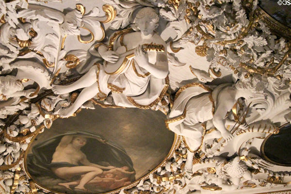 Detail of ceiling of Gobelin room (1692) with stuccowork by Carlo Tagliota at Ehrenburg Palace. Coburg, Germany.