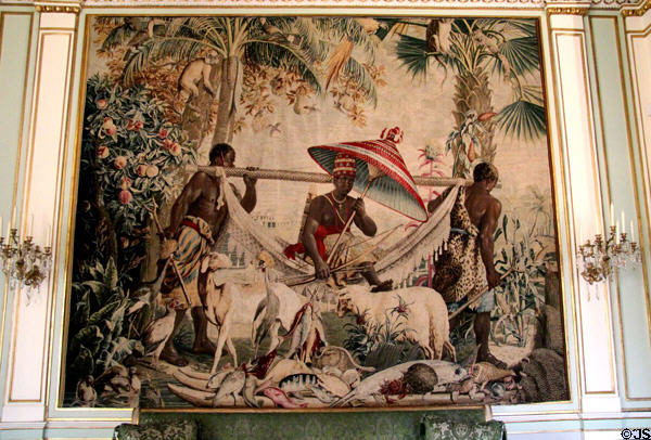 Tapestry from Nouveaux Indes series (1736-41) by Alexandre-François Desportes for Gobelin Factory of Paris in Gobelin room at Ehrenburg Palace. Coburg, Germany.