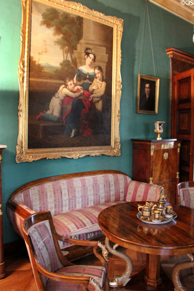 Study room at Ehrenburg Palace with swan motif sofa (1815) from Paris & matching swan chairs & table made in Coburg. Coburg, Germany.