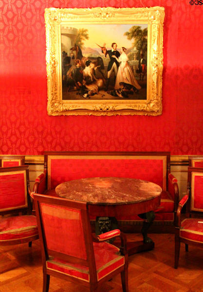 Study with walls of red silk from Lyon at Ehrenburg Palace. Coburg, Germany.
