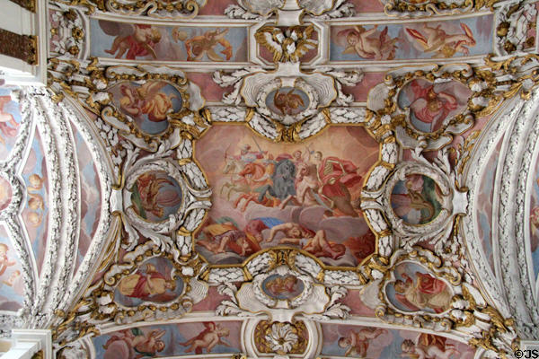 Ceiling painting of four horsemen of Apocalypse from Revelations of St John in Court church at Ehrenburg Palace. Coburg, Germany.