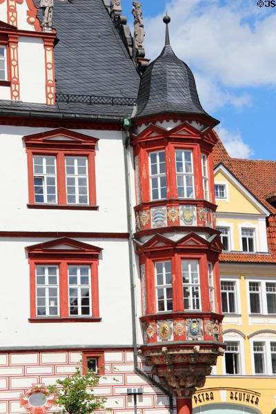 Octagonal oriel window on corner of Coburg Stadthaus. Coburg, Germany.