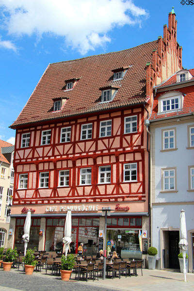 Half-timbered cafe on market square. Coburg, Germany.