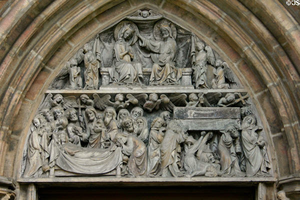 Tympanum carving of Assumption of the Virgin at St Sebaldus Church. Nuremberg, Germany.
