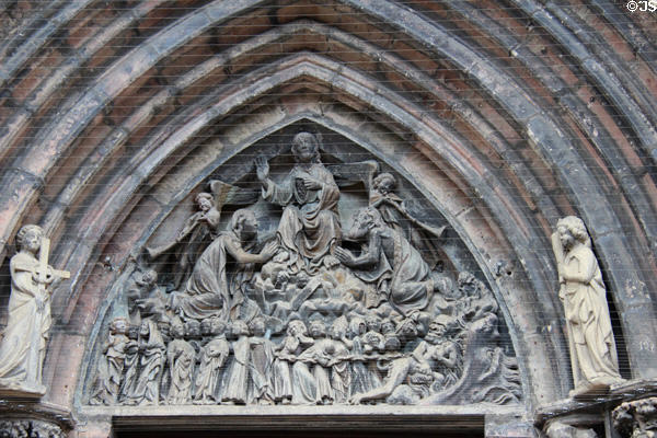 Tympanum carving of Last Judgment at St Sebaldus Church. Nuremberg, Germany.