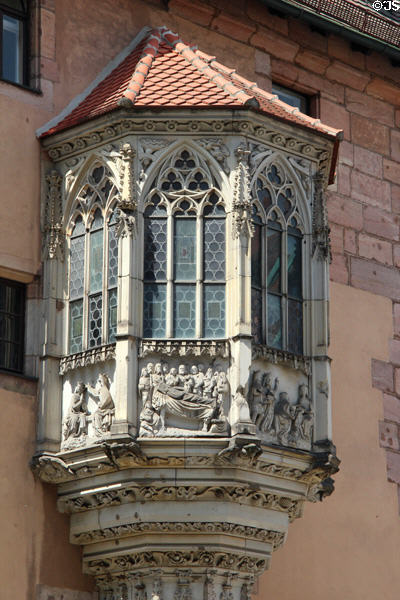 Details of carvings on Chörlein bay window on Sebalder Pfarrhof at Sebalder Platz. Nuremberg, Germany.