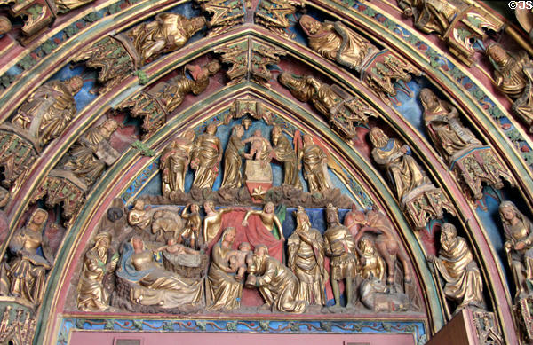 Entry tympanum showing Nativity scenes on Frauen Kirche. Nuremberg, Germany.