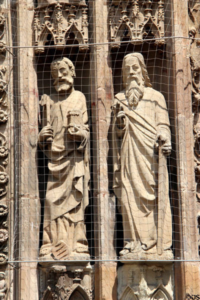 Carved stone saints on porch entrance of Frauen Kirche. Nuremberg, Germany.