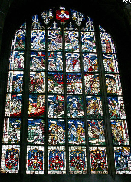 Stained glass window with Biblical scenes at St. Lawrence Church. Nuremberg, Germany.