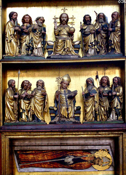 Christ with apostles carved Deocarus altar at St Lawrence Church. Nuremberg, Germany.