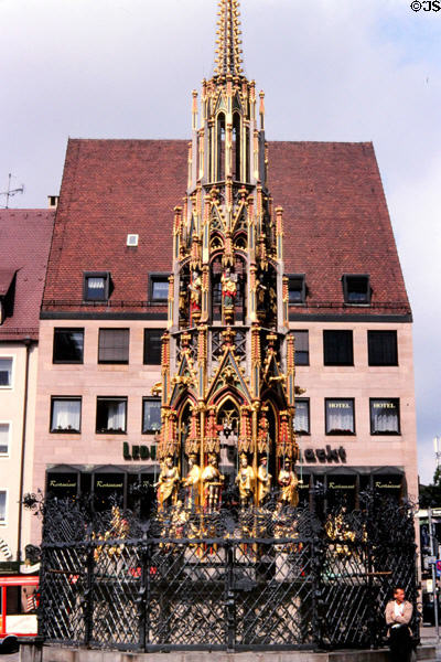 Schöner Brunnen (beautiful fountain) (14thC) on City Hall Market square. Nuremberg, Germany.