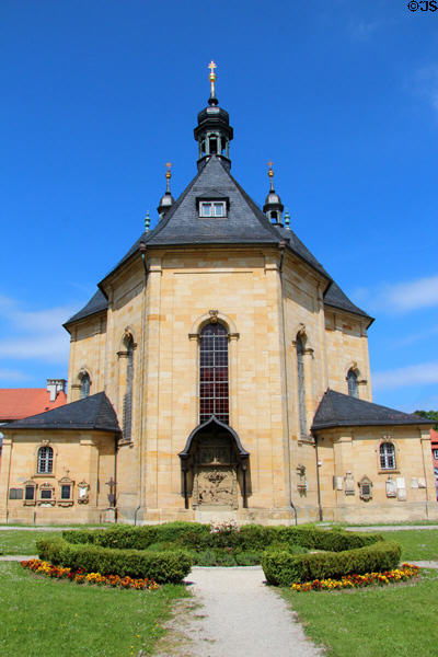 Garden view at Gößweinstein pilgrimage basilica. Gößweinstein, Germany.