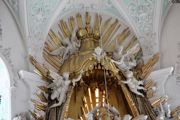 Details of upper part of Baroque main altar at Gößweinstein pilgrimage basilica. Gößweinstein, Germany.
