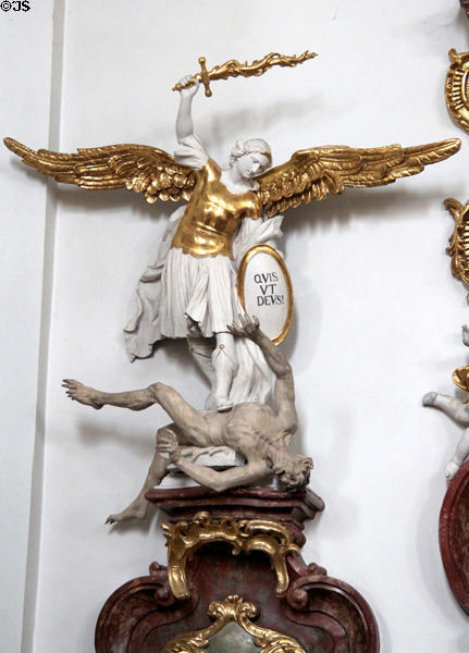 Baroque St Michael slaying Devil at Gößweinstein pilgrimage basilica. Gößweinstein, Germany.