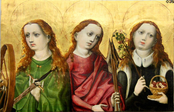 Detail of Saints Catherine, Ursula & Dorothy painting (c1440) by Master of Tucher Altarpiece of Nurnberg at Germanisches Nationalmuseum. Nuremberg, Germany.