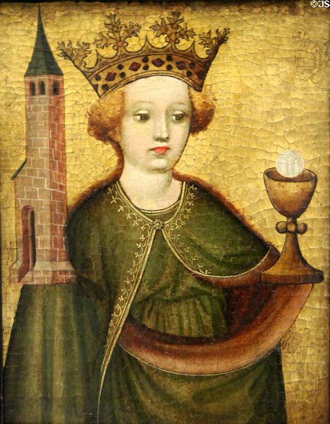 St Barbara with tower & chalice painting (c1430) by Master of Nothelfer Altar of Nurnberg at Germanisches Nationalmuseum. Nuremberg, Germany.