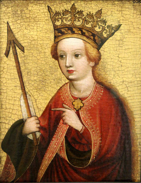 St Ursula with arrow painting (c1430) by Master of Nothelfer Altar of Nurnberg at Germanisches Nationalmuseum. Nuremberg, Germany.