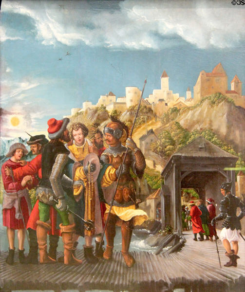 Capture of Florian panel from St Florian Legend cycle of paintings (c1520) by Albrecht Altdorfer at Germanisches Nationalmuseum. Nuremberg, Germany.