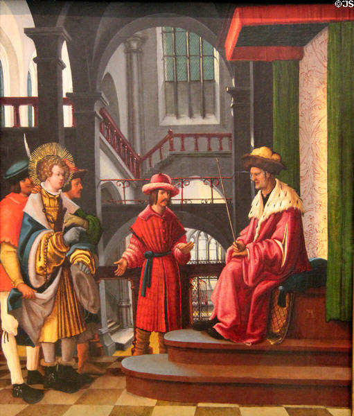 Presentation of captive Florian panel from St. Florian Legend cycle of paintings (c1520) by Albrecht Altdorfer at Germanisches Nationalmuseum. Nuremberg, Germany.
