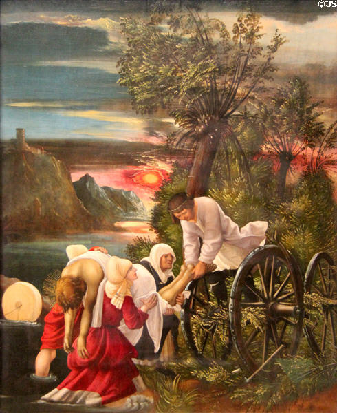 Recovery of Florian's body panel from St. Florian Legend cycle of paintings (c1520) by Albrecht Altdorfer at Germanisches Nationalmuseum. Nuremberg, Germany.