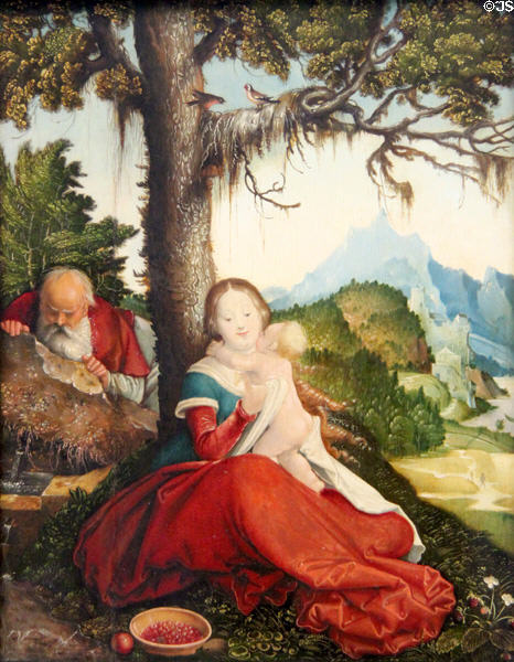 Holy Family Rest on Flight into Egypt painting (c1515) by Hans Baldung Grien at Germanisches Nationalmuseum. Nuremberg, Germany.