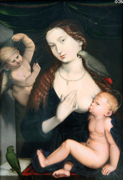 Madonna & Child with Parrots painting (1533) by Hans Baldung Grien at Germanisches Nationalmuseum. Nuremberg, Germany.