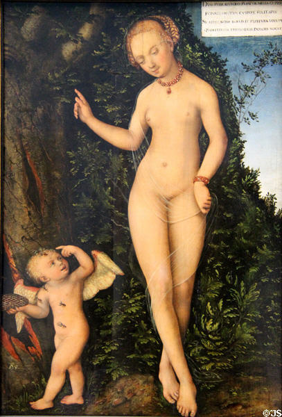 Venus with Cupid as a Honey Thief painting (c1537) by Lucas Cranach at Germanisches Nationalmuseum. Nuremberg, Germany.