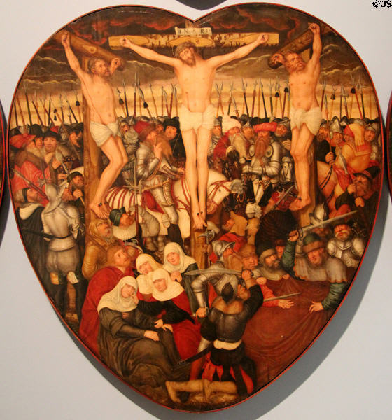Detail of Colditz Altarpiece heart-shape Crucifixion painting (1584) by Lucas Cranach Younger at Germanisches Nationalmuseum. Nuremberg, Germany.