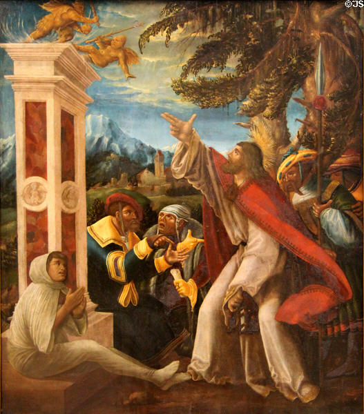 Apostle James the Less Invokes Pagan Demons painting (1518) by Master of alter Schmerzensmannes Donaugegend at Germanisches Nationalmuseum. Nuremberg, Germany.
