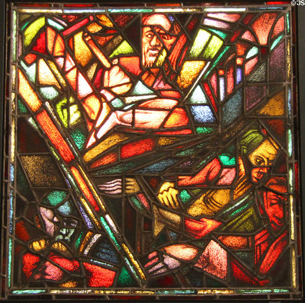Casting Out the Moneychangers from the Temple stained glass (c1912) by Johann Thorn Prikker at Germanisches Nationalmuseum. Nuremberg, Germany.