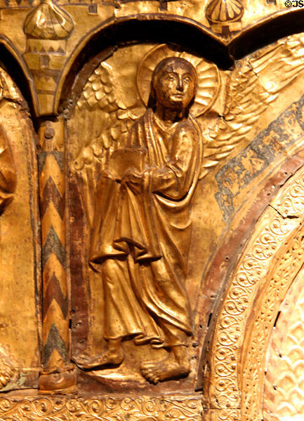 Angel symbol of Evangelist Matthew detail of Antependium relief (c1220-30) from Schleswig or Jutland at Germanisches Nationalmuseum. Nuremberg, Germany.