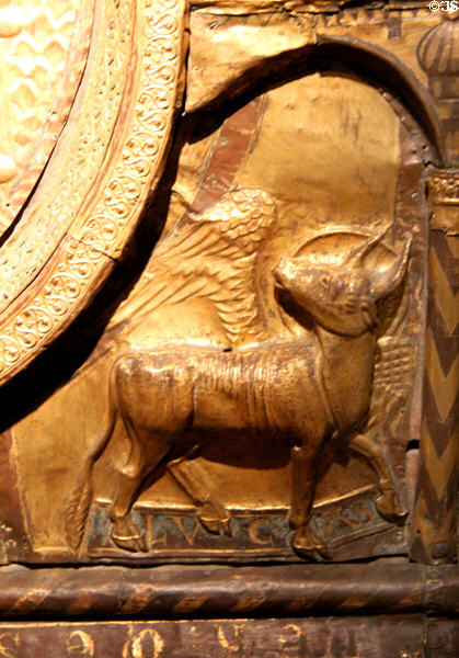 Winged bull symbol of Evangelist Luke detail of Antependium relief (c1220-30) from Schleswig or Jutland at Germanisches Nationalmuseum. Nuremberg, Germany.