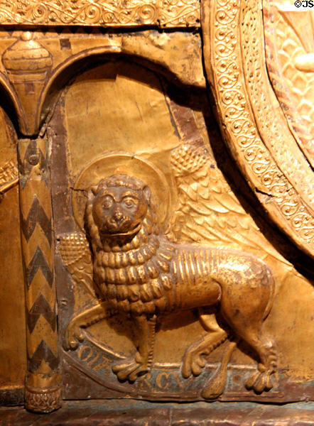 Winged lion symbol of Evangelist Mark detail of Antependium relief (c1220-30) from Schleswig or Jutland at Germanisches Nationalmuseum. Nuremberg, Germany.