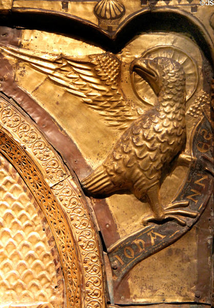 Eagle symbol of Evangelist John detail of Antependium relief (c1220-30) from Schleswig or Jutland at Germanisches Nationalmuseum. Nuremberg, Germany.