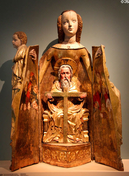 Enthroned Madonna shrine wood carving (c1390) from West Prussia at Germanisches Nationalmuseum. Nuremberg, Germany.