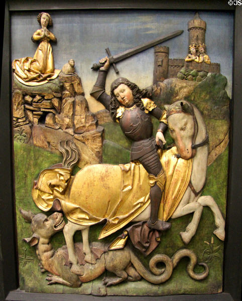 St. George Slaying the Dragon wood carving (c1480) from Bamberg at Germanisches Nationalmuseum. Nuremberg, Germany.