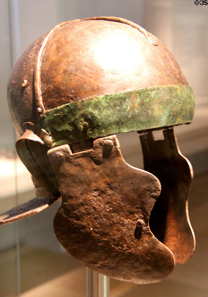 Iron with bronze trim Roman infantry helmet (late 2ndC) found in Bavaria at Germanisches Nationalmuseum. Nuremberg, Germany.