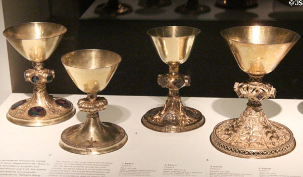 Gilded silver church chalices (mid 14thC) from Vienna (l) & Germany at Germanisches Nationalmuseum. Nuremberg, Germany.