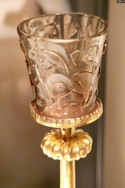 Islamic-style relief-cut glass beaker (15thC) from Sicily? later mounted atop metal stem as chalice at Germanisches Nationalmuseum. Nuremberg, Germany.