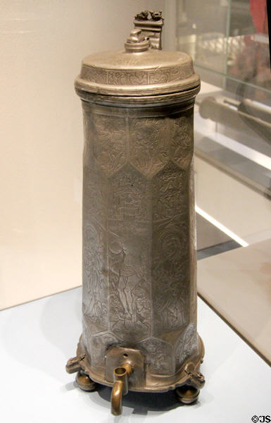 Engraved painter's-guild cast pewter flagon (c1500) from Breslau at Germanisches Nationalmuseum. Nuremberg, Germany.