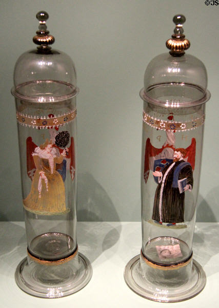 Covered pole or rod glasses with Lady & Gentleman in Venetian Costumes (c1590-1600) from southern Germany or Venice at Germanisches Nationalmuseum. Nuremberg, Germany.